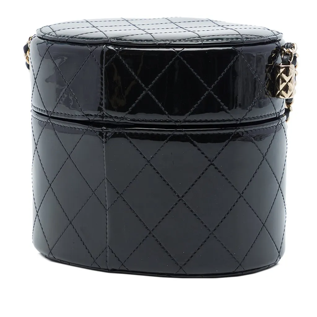 Chanel CC Quilted Patent Round Vanity Clutch With Chain Black Leather Very good - Back View