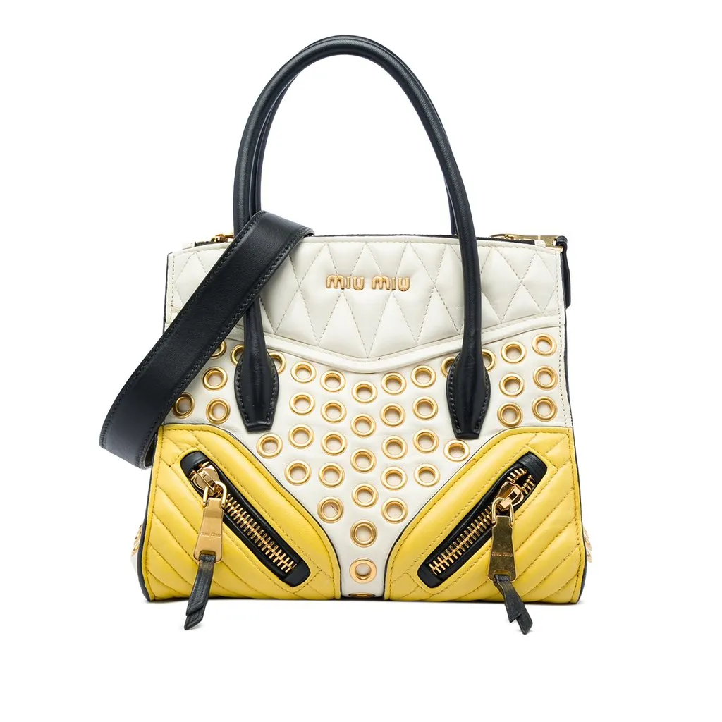 Miu Miu Small Tricolor Nappa Grommet Biker Satchel White Leather Very good - Front View
