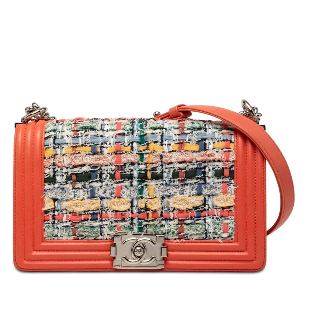 Chanel Medium Tweed and Lambskin Boy Flap Orange Very good - Front View