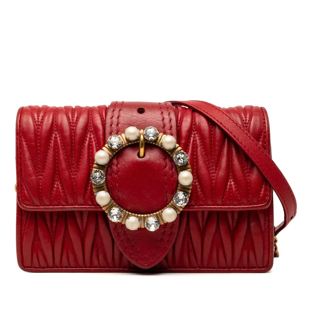 Miu Miu Matelasse Nappa Crystal Embellished Crossbody Red Leather Very good - Front View
