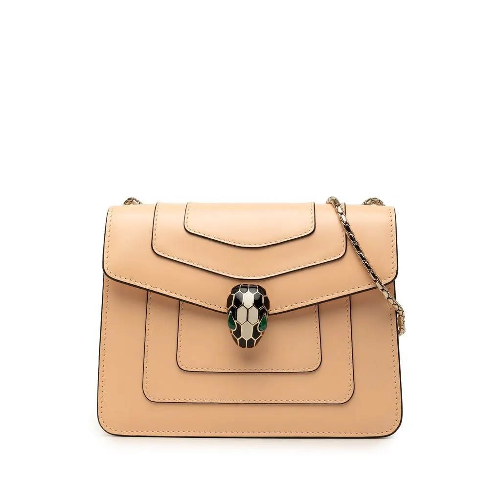 Bvlgari Small Leather Square Serpenti Forever Chain Crossbody Beige Leather Very good - Front View