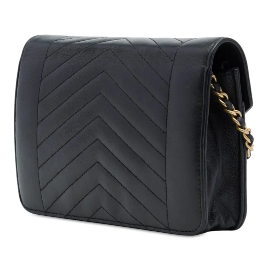 Chanel Reversed Chevron Lambskin Wallet on Chain Black Leather Very good - Back View