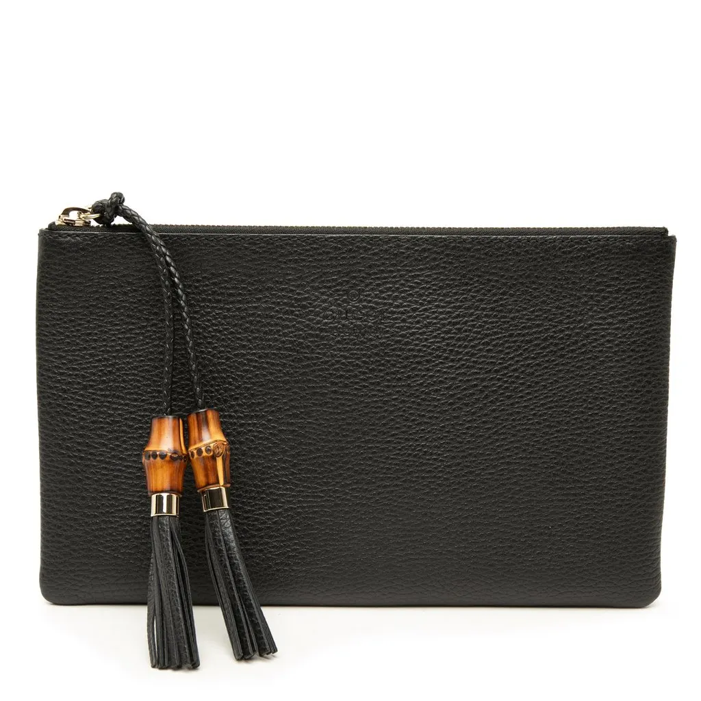 Gucci Calfskin Bamboo Clutch Black Leather Very good - Front View