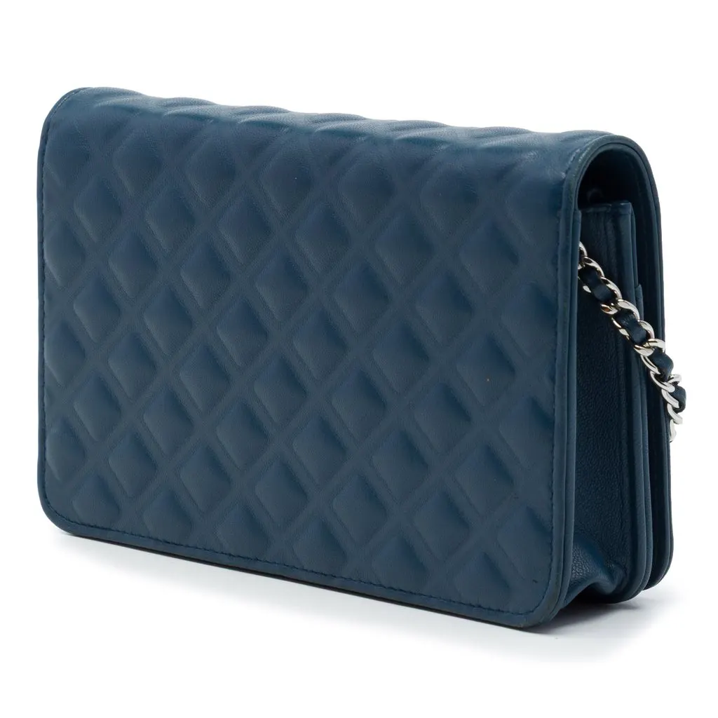 Chanel CC Embossed Lambskin Diamond Wallet On Chain Blue Leather Very good - Back View