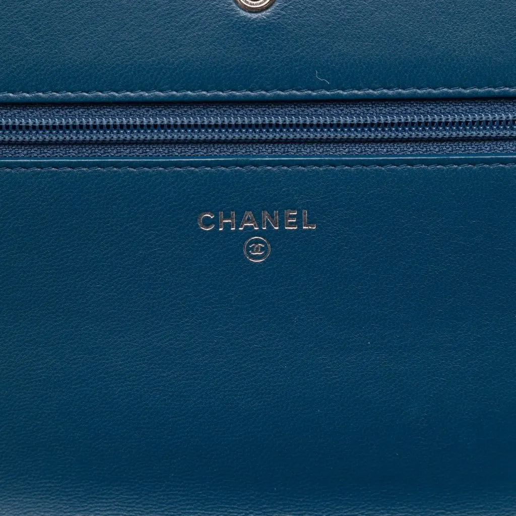 Chanel CC Embossed Lambskin Diamond Wallet On Chain Blue Leather Very good - Box View