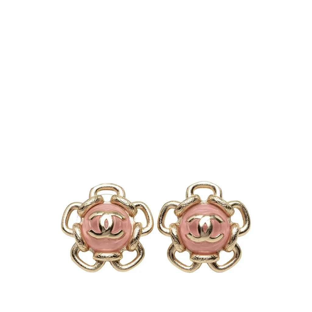 Chanel CC ذهبي مطلية Resin Flower Push Back أقراط