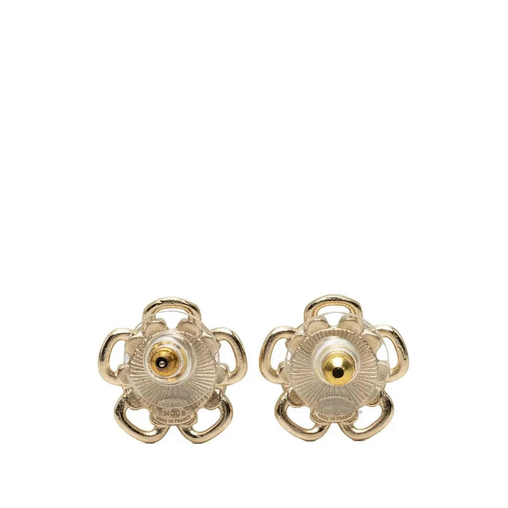 Chanel CC Gold Plated Resin Flower Push Back Earrings Pink Plastic Very good - Back View