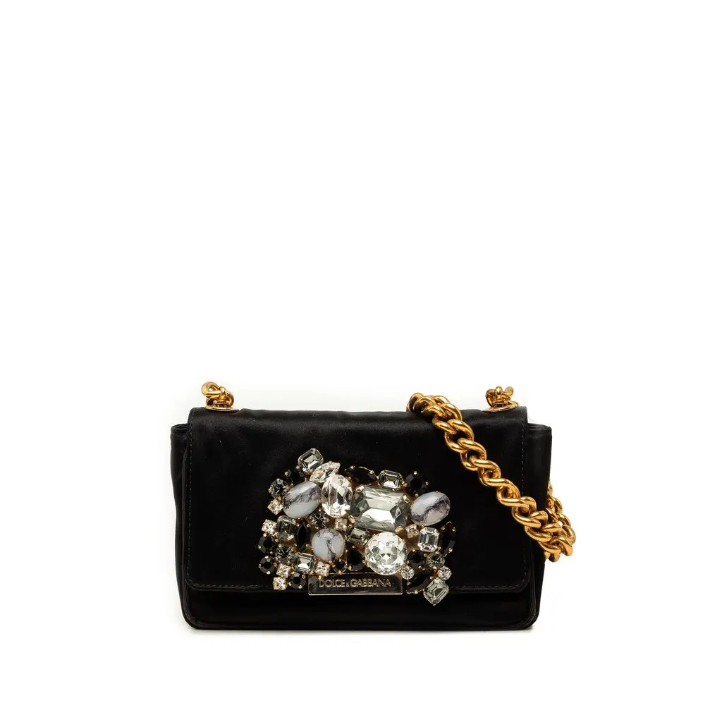 Dolce & Gabbana Crystal Embellished Satin Miss Stone Chain Crossbody Black Satin Good - Front View