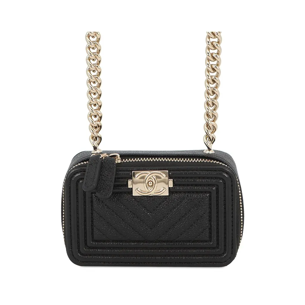 Chanel Mini Chevron Caviar Boy Clutch with Chain Black Leather Good - Front View