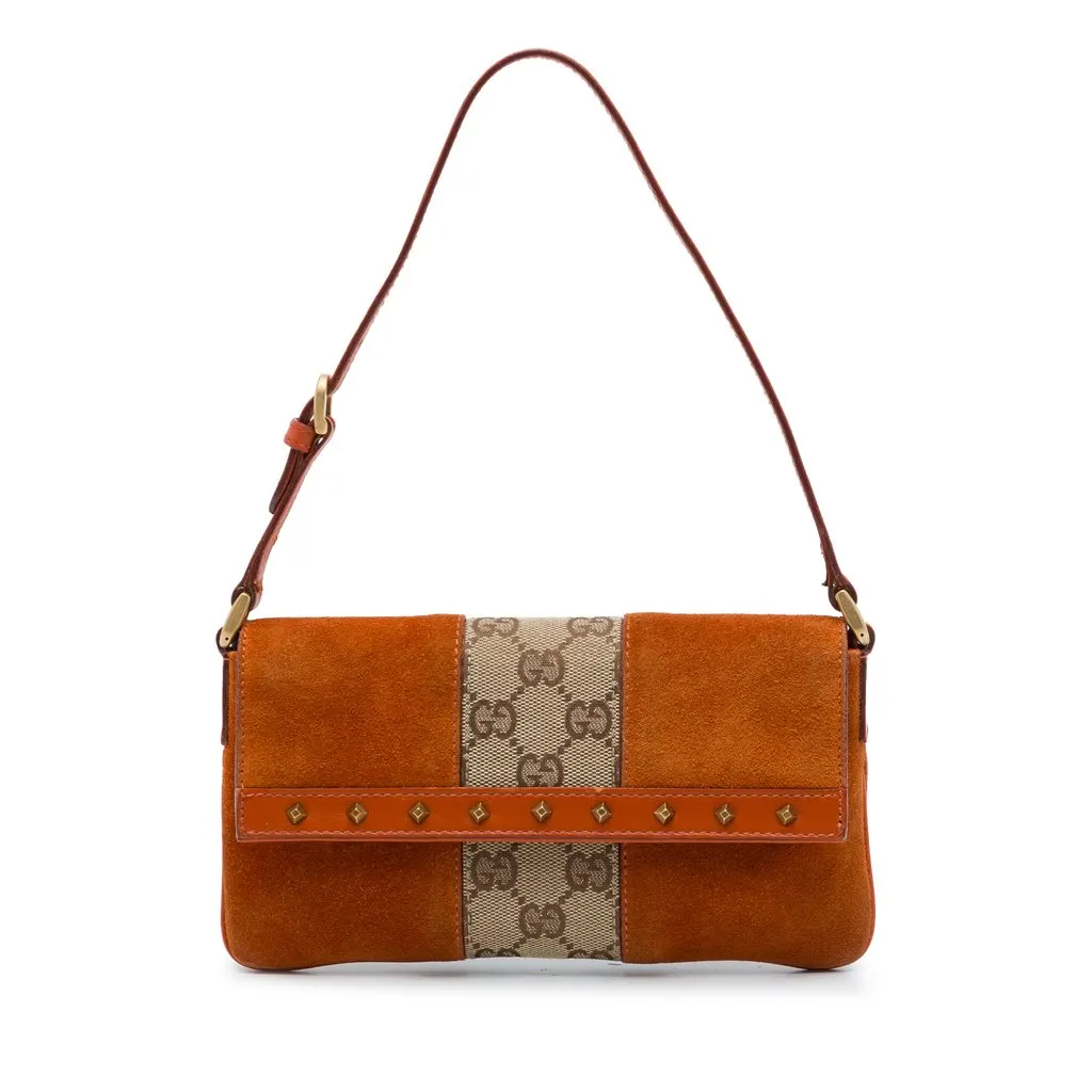 Gucci GG Canvas and Suede Nailhead Shoulder Bag Orange Leather Very good - Front View