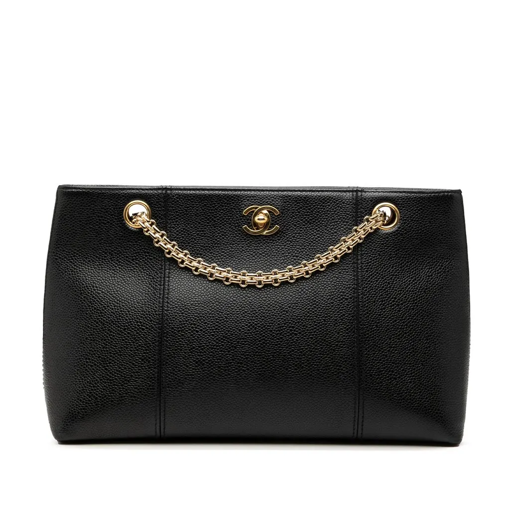 Chanel CC Caviar Chain Shopping Tote Black Leather Very good - Front View