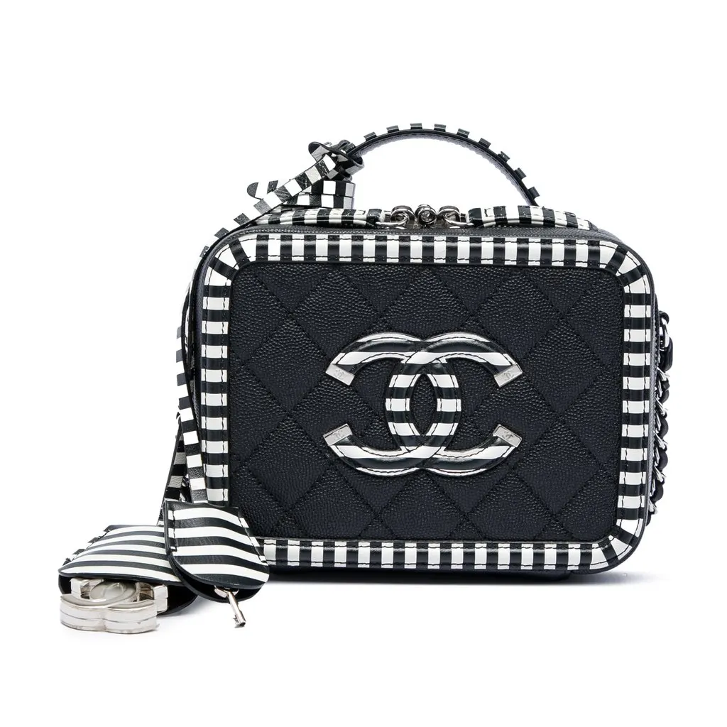 Chanel Small Caviar Striped CC Filigree Vanity Case Black Leather Very good - Front View