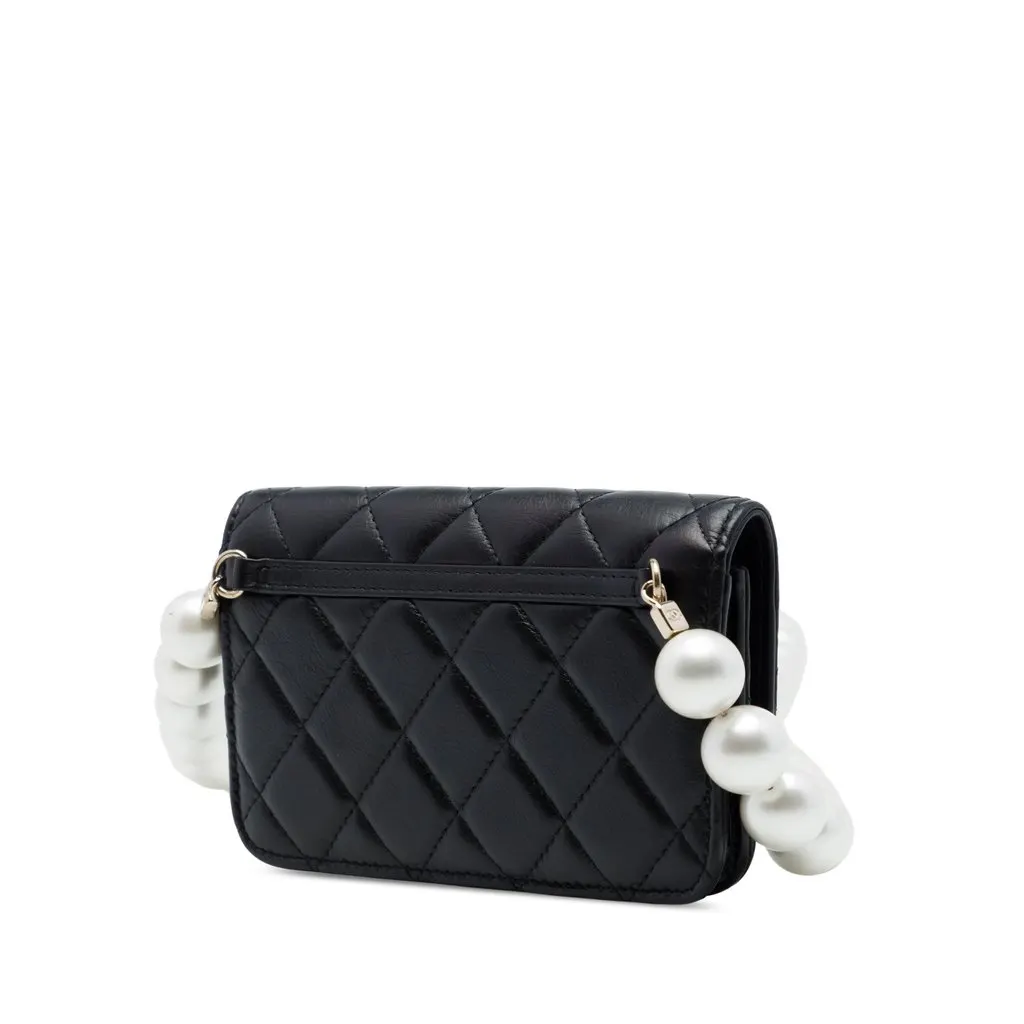 Chanel Quilted Lambskin Maxi Pearls Clutch With Chain Black Leather Very good - Back View