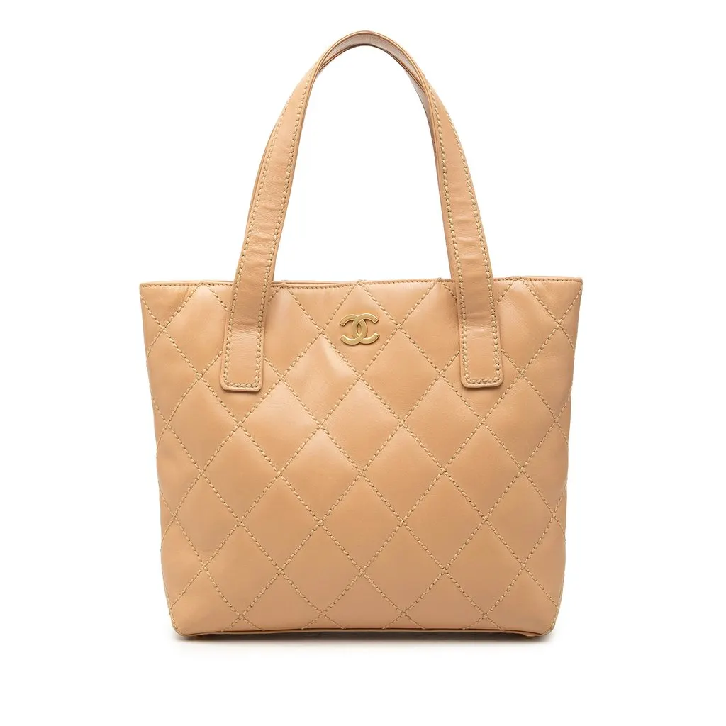Chanel Small CC Calfskin Wild Stitch Tote Beige Leather Very good - Front View