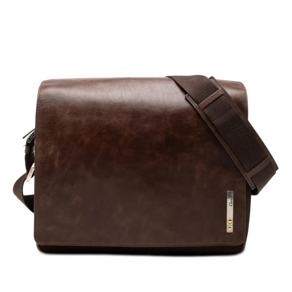 Cartier Leather and Canvas Santos Messenger Bag Brown Leather Very good - Front View