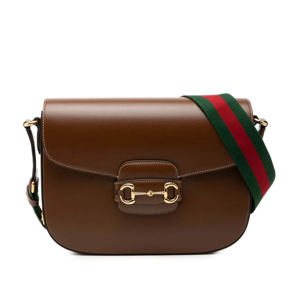 Gucci Large Calfskin Web Horsebit 1955 Crossbody Brown Leather Very good - Front View
