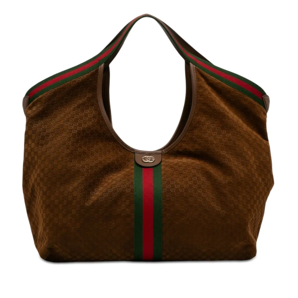 Gucci Large GG Suede Web Giglio Tote Brown Leather Very good - Front View