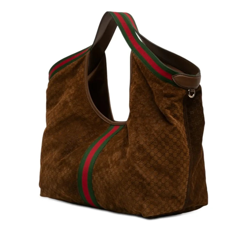 Gucci Large GG Suede Web Giglio Tote Brown Leather Very good - Back View