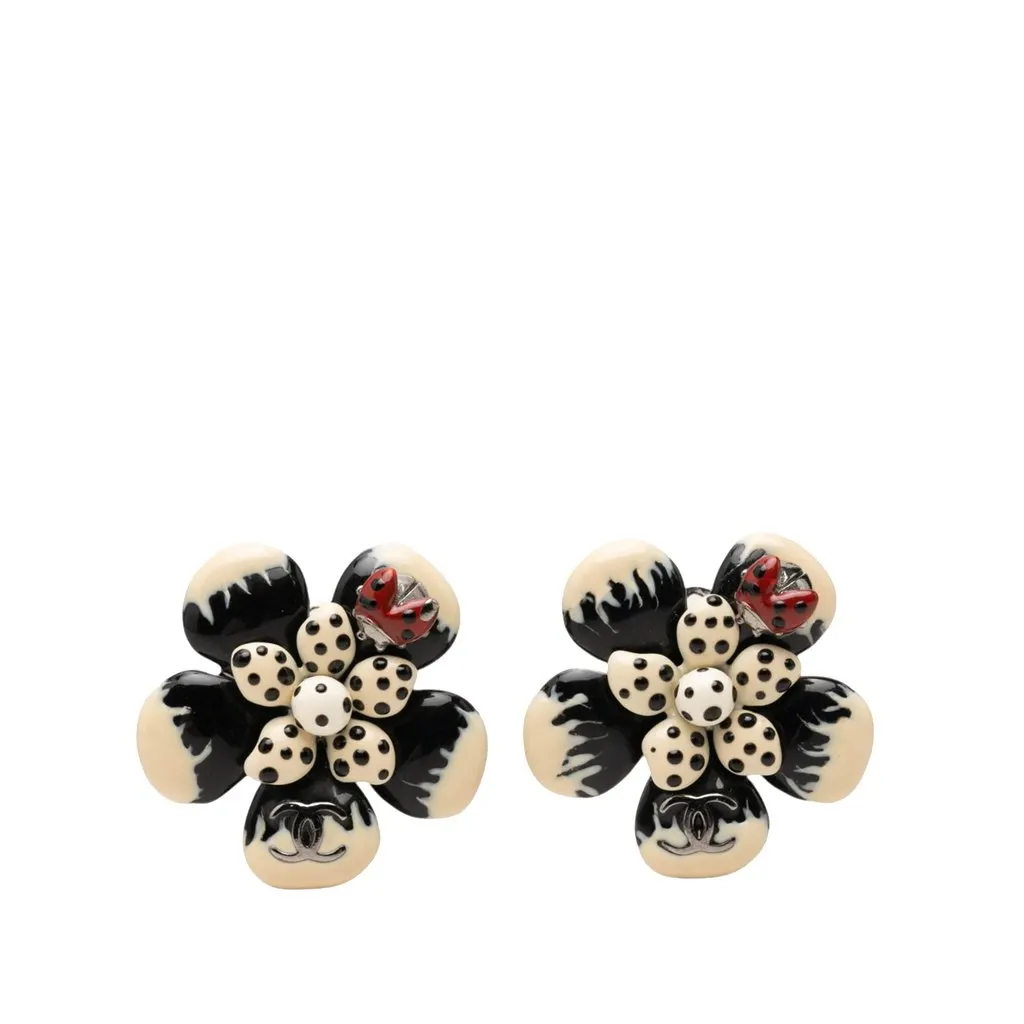 Chanel CC Brass Enamel Flower and Ladybug Clip On Earrings White Enamel Very good - Front View
