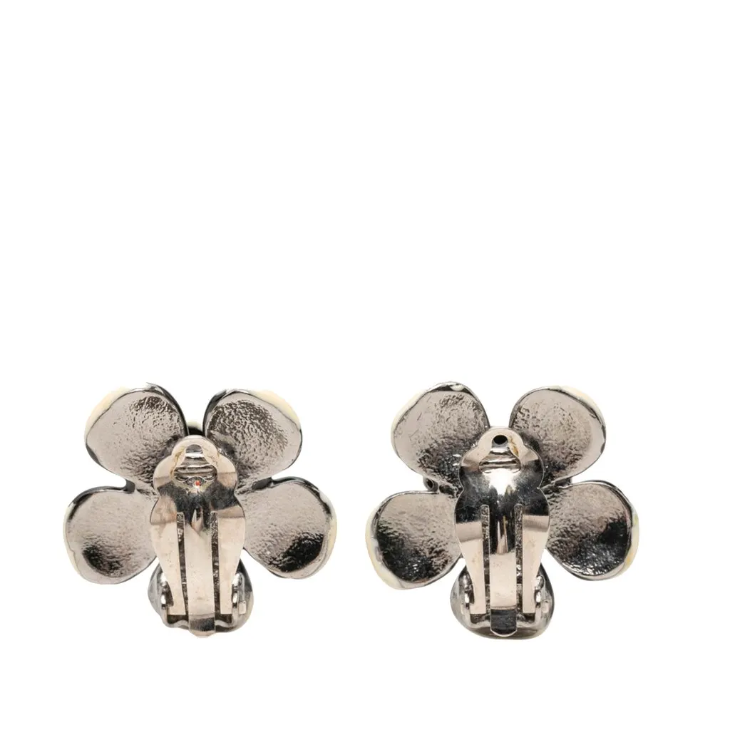 Chanel CC Brass Enamel Flower and Ladybug Clip On Earrings White Enamel Very good - Back View