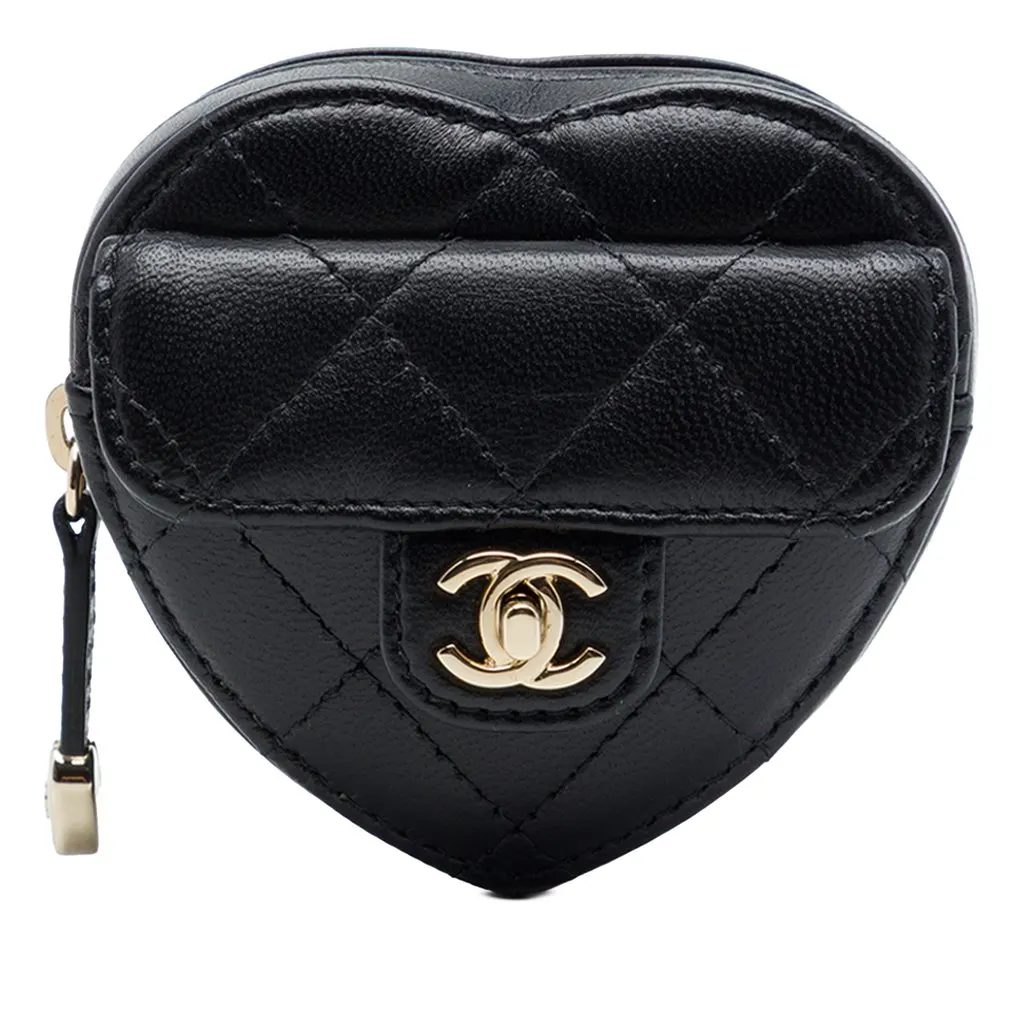 Chanel Lambskin CC In Love Heart Zipped Arm Coin Purse Black Leather Very good - Front View