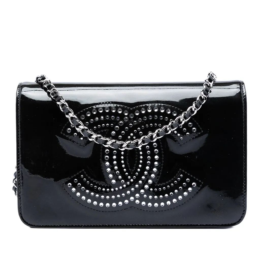 Chanel CC Patent Strass Embellished Wallet On Chain Black Leather Very good - Front View