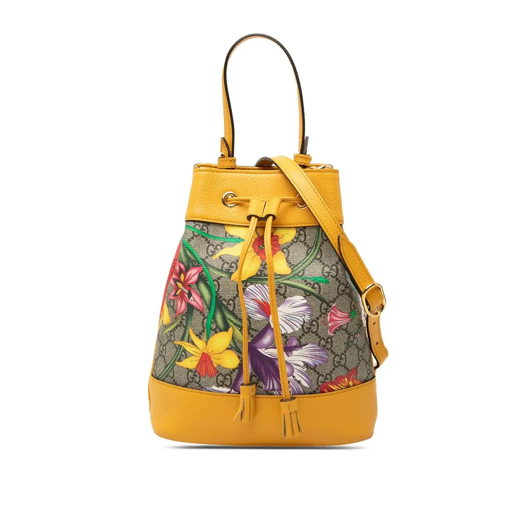 Gucci Small GG Supreme Flora Ophidia Bucket Bag Beige Very good - Front View