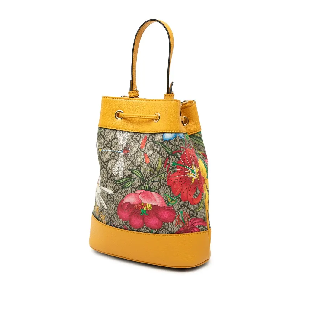 Gucci Small GG Supreme Flora Ophidia Bucket Bag Beige Very good - Back View