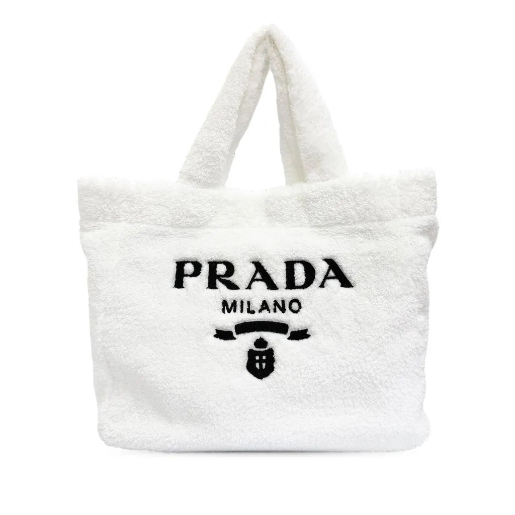 Prada Spugna Terry Cloth Logo Tote White Very good - Front View