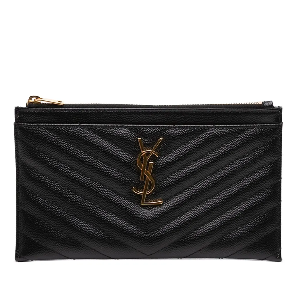 Saint Laurent Chevron Grain De Poudre Monogram Bill Pouch Black Leather Very good - Front View