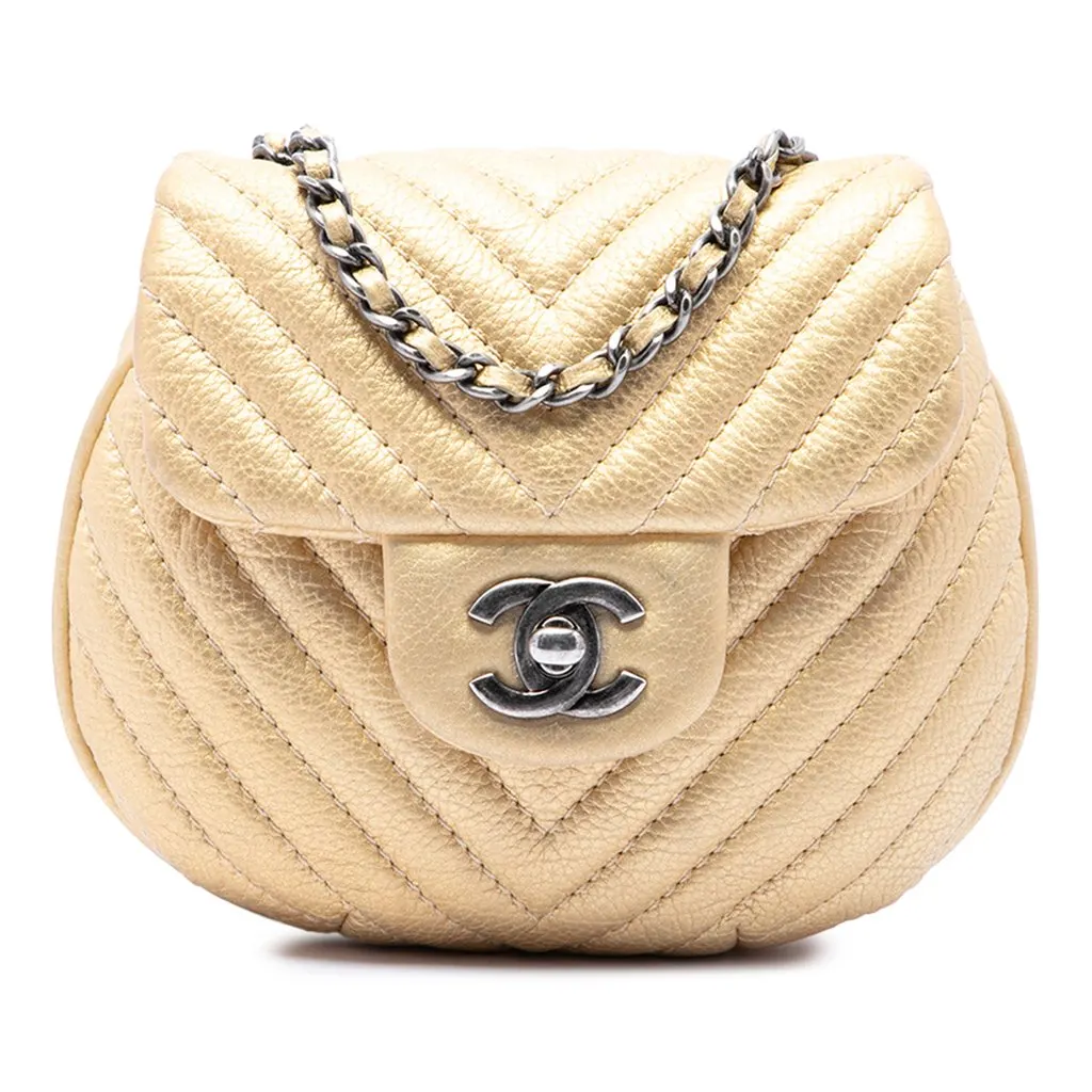 Chanel CC Chevron Metallic Aged Calfskin Bubble Flap Gold Leather Very good - Front View