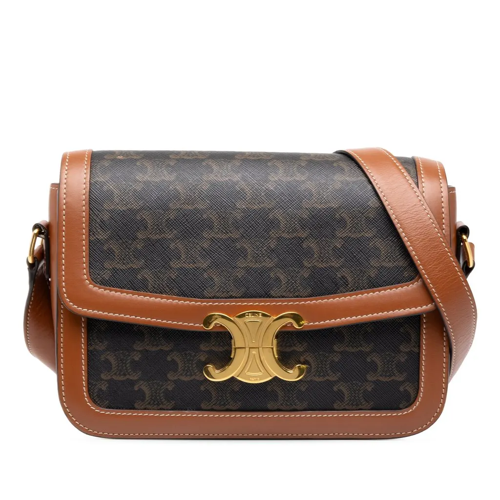 Celine Classique Triomphe Coated Canvas and Calfskin Triomphe Crossbody Brown Canvas Very good - Front View