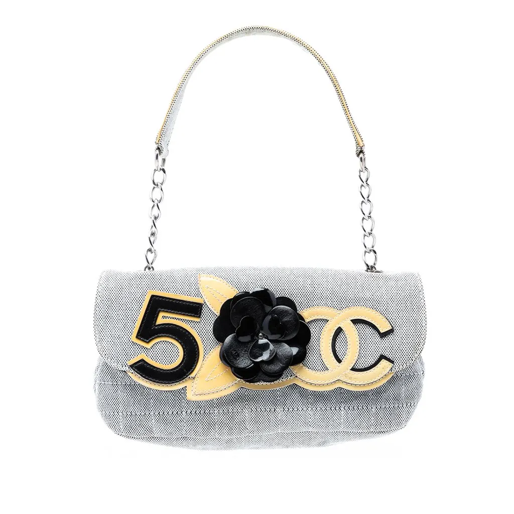 Chanel Choco Bar Canvas Camellia CC No. 5 Flap Handbag Beige Very good - Front View