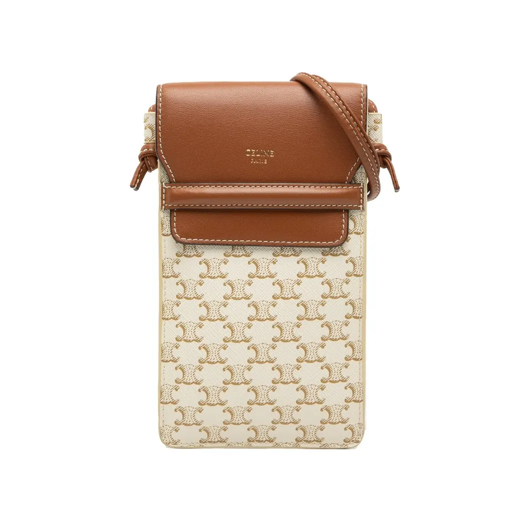 Celine Triomphe Coated Canvas Phone Pouch Flap Crossbody White Very good - Front View