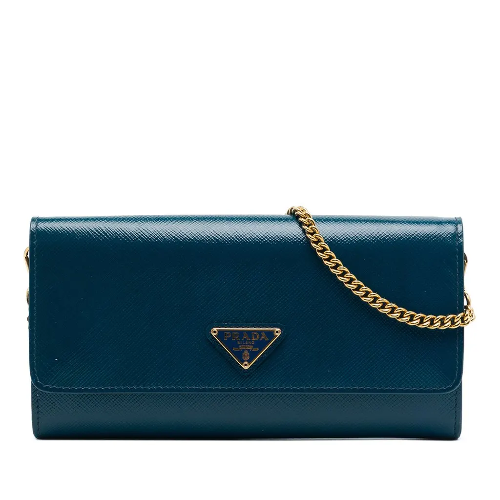 Prada Saffiano Lux Wallet On Chain Blue Leather Very good - Front View