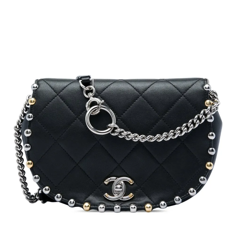 Chanel Small Quilted Lambskin Studded Bubble Flap Black Leather Very good - Front View