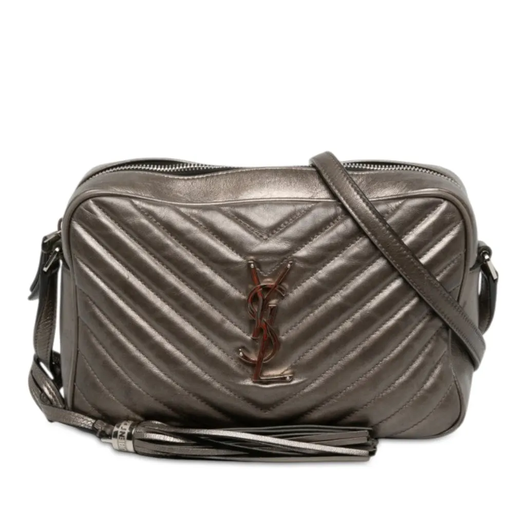 Saint Laurent Matelasse Metallic Leather Monogram Lou Camera Bag Grey Leather Good - Front View
