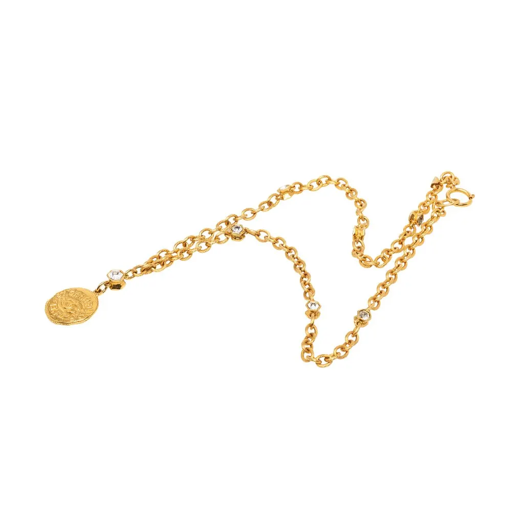 Chanel CC Gold Plated Strass Medallion Pendant Necklace Gold Metal Very good - Front View