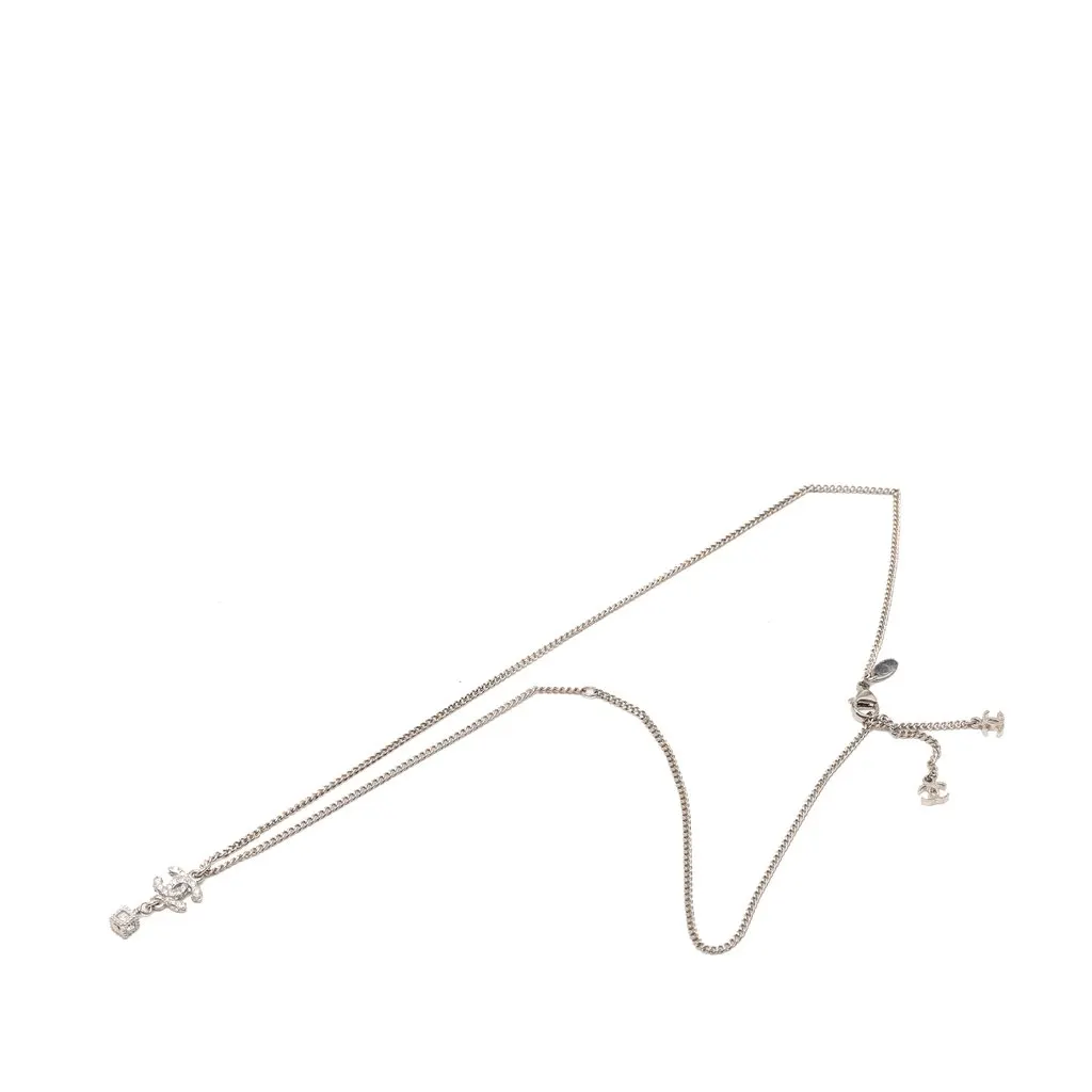 Chanel CC Brass and Strass Cube Pendant Necklace Silver Metal Very good - Front View