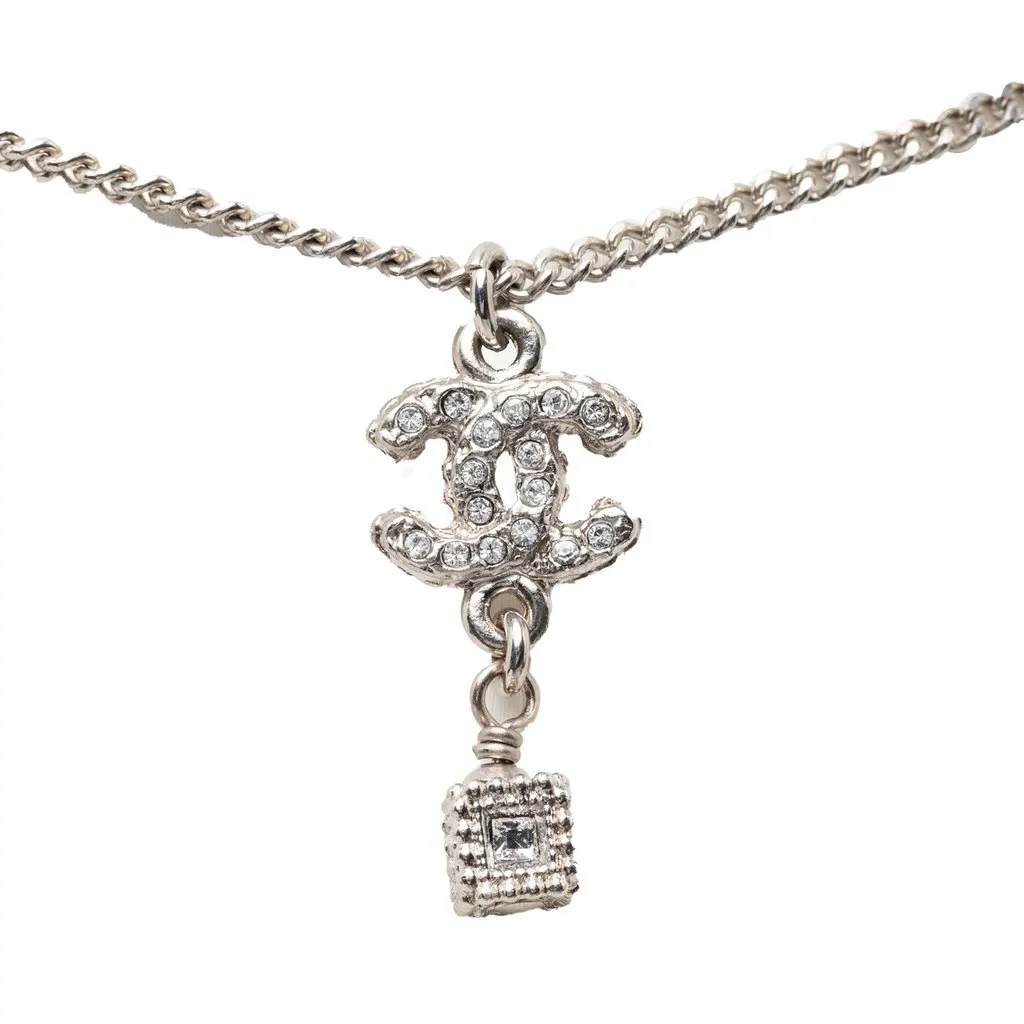 Chanel CC Brass and Strass Cube Pendant Necklace Silver Metal Very good - Back View