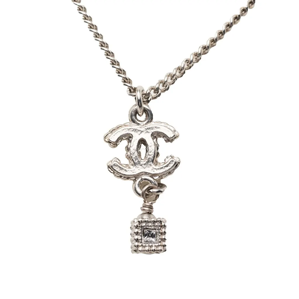Chanel CC Brass and Strass Cube Pendant Necklace Silver Metal Very good - Inside View