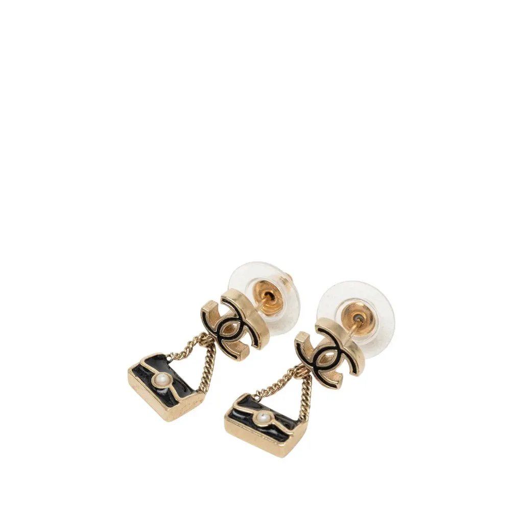 Chanel CC Gold Plated Enamel and Faux Pearl Classic Flap Bag Drop Earrings Gold Metal Very good - Front View