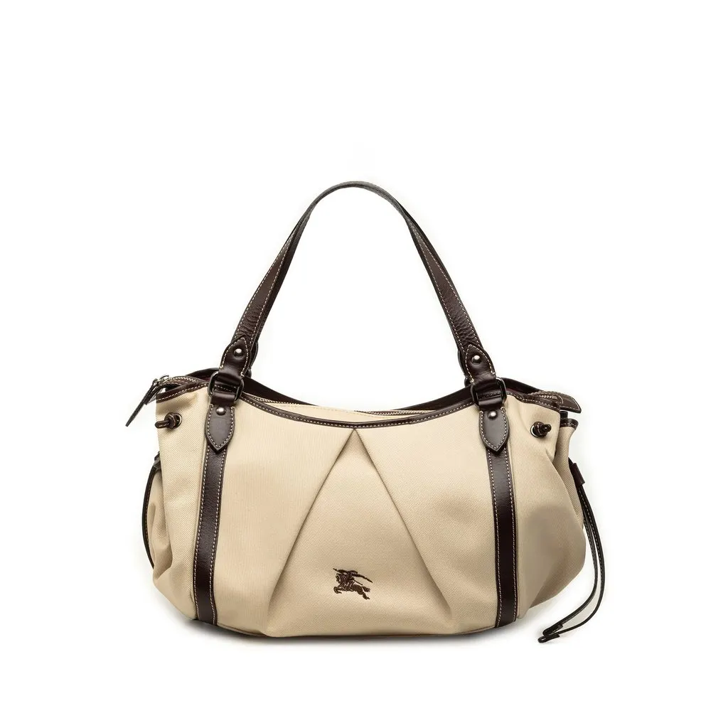 Burberry Leather Trimmed Canvas Tote Beige Very good - Front View