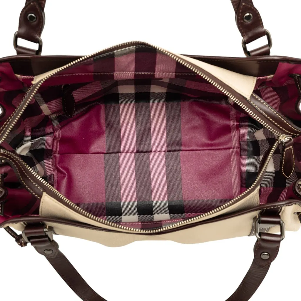 Burberry Leather Trimmed Canvas Tote Beige Very good - Model View