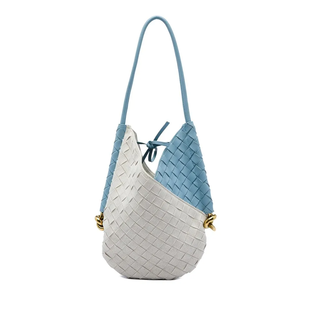 Bottega Veneta Small Nappa and Canvas Intrecciato Solstice Shoulder Bag Blue Leather Very good - Front View