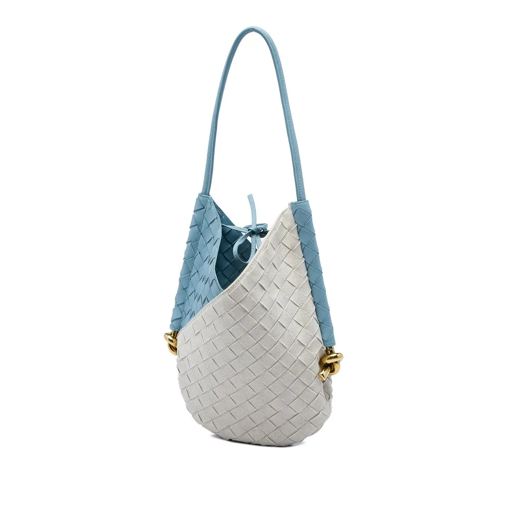 Bottega Veneta Small Nappa and Canvas Intrecciato Solstice Shoulder Bag Blue Leather Very good - Back View