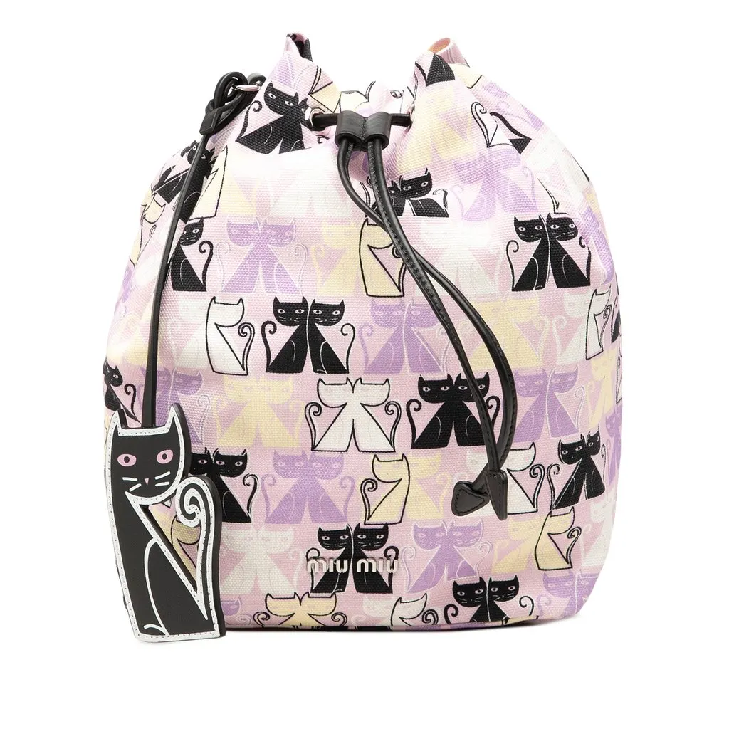 Miu Miu Canvas Cats Print Drawstring Pouch Purple Canvas Very good - Front View