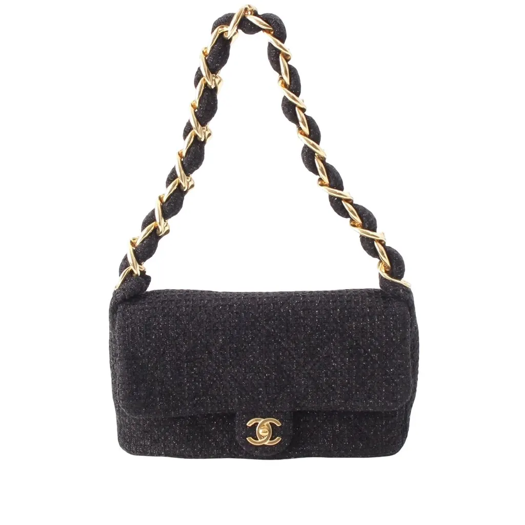 Chanel CC Quilted Tweed Single Flap Black Very good - Front View