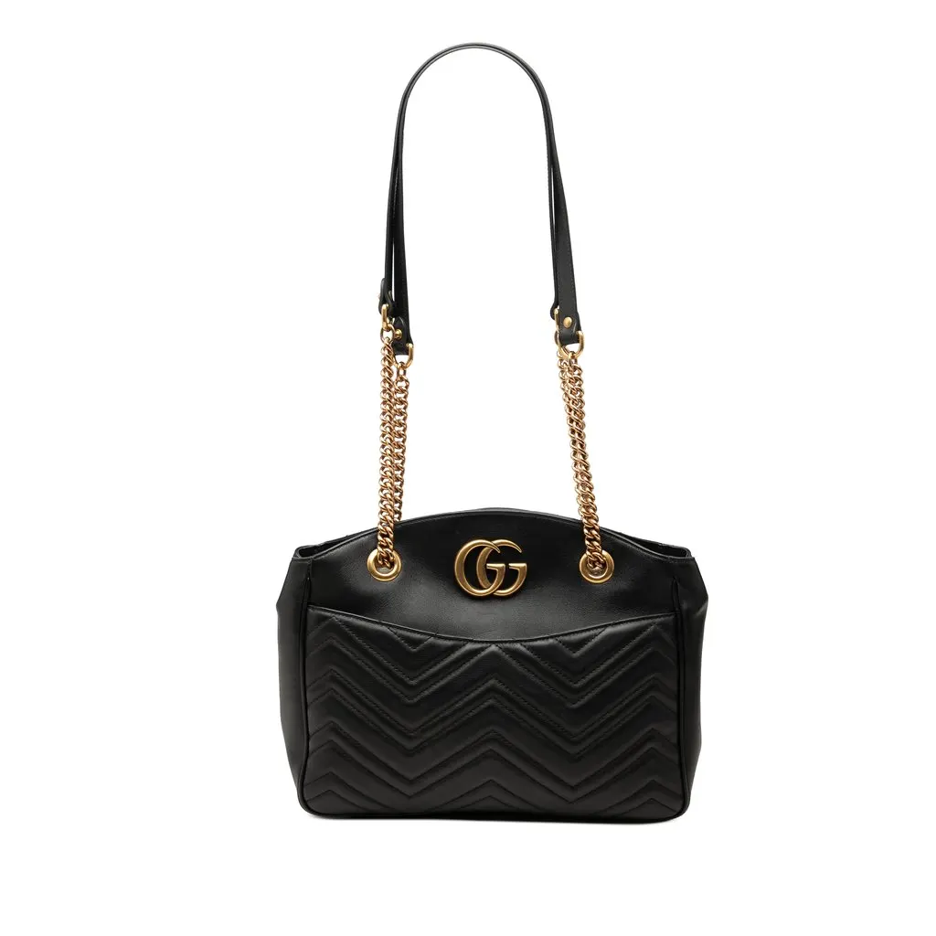 Gucci Medium GG Marmont Matelasse Calfskin Chain Shoulder Bag Black Leather Very good - Front View