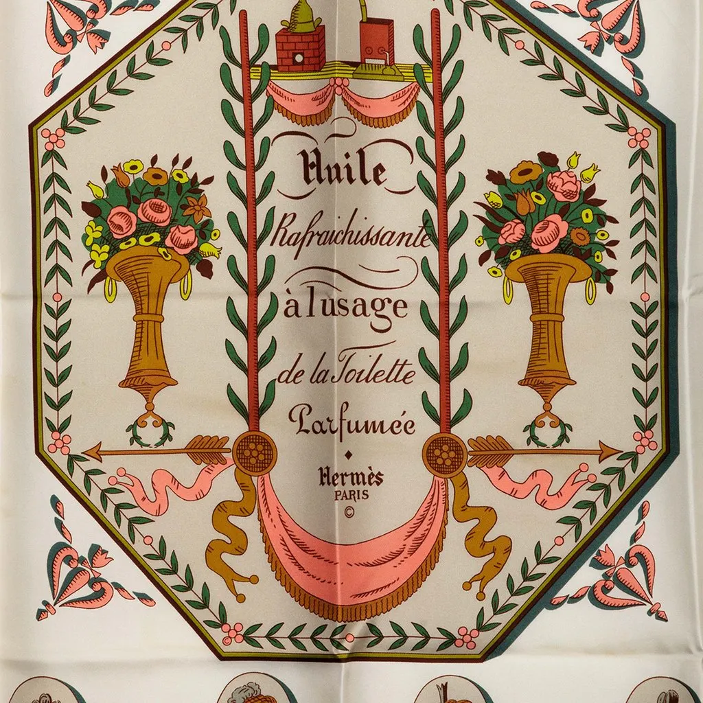 Hermès Huile Rafraichissante a L Usage de la Toilette Parfumee Silk Scarf 90 White Silk Good - Back View